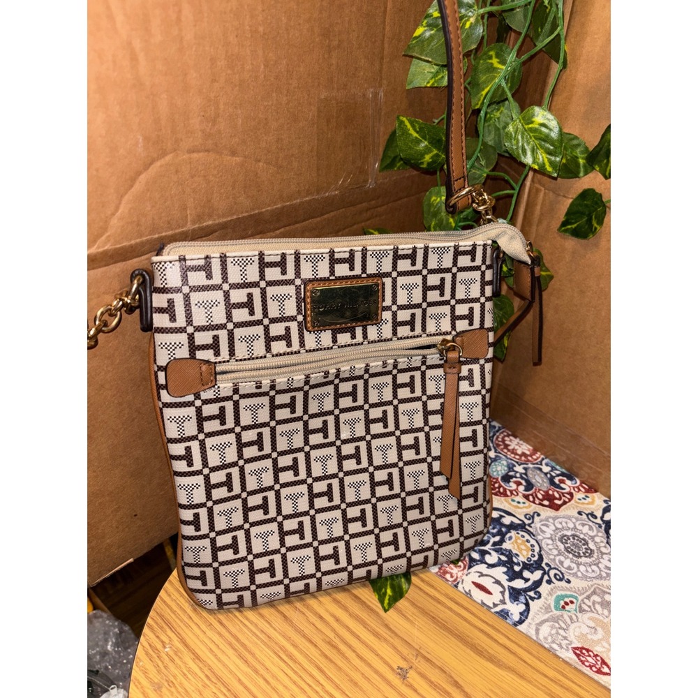 Tommy Hilfiger Monogram Jacquard Crossbody Bag Beige Brown Gold Tone Hardware